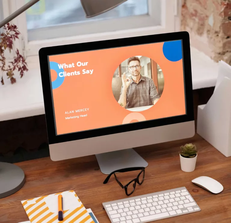 desktop computer with client testimonial